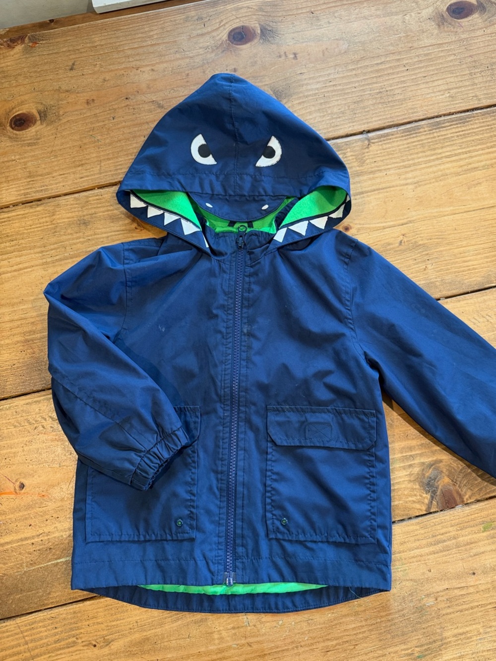 Toddler Hooded Rain Jacket with 🦕 Face and Green Lining